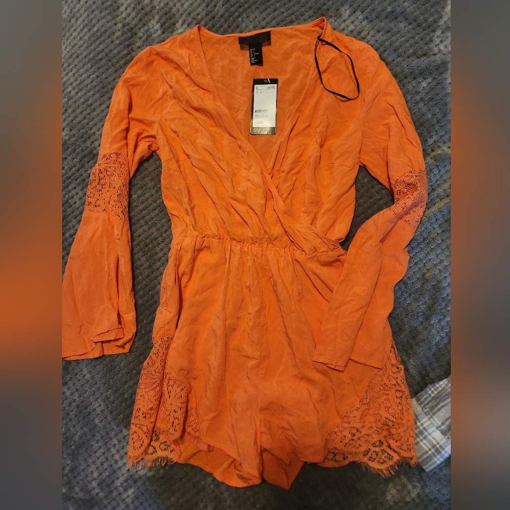 Orange Lace Sleeve Romper